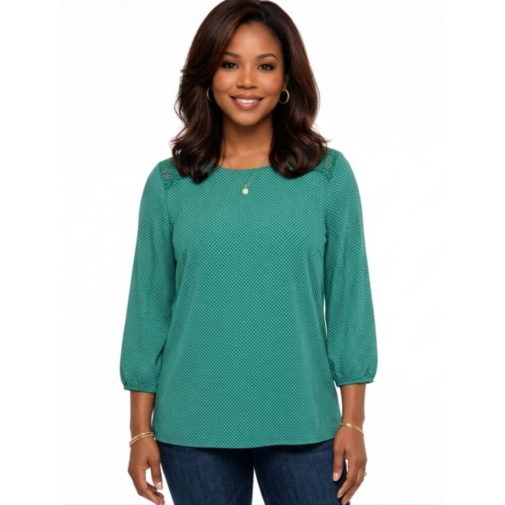 Adrianna Papell Green With White Polka Dot 3/4 Sleeve Blouse Size 1X